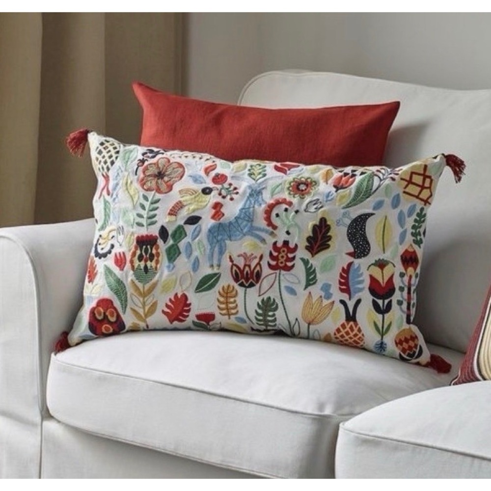 IKEA RÖDARV Swedish Folk Art Embroidered Lumbar Pillow Tassels Down 16x26